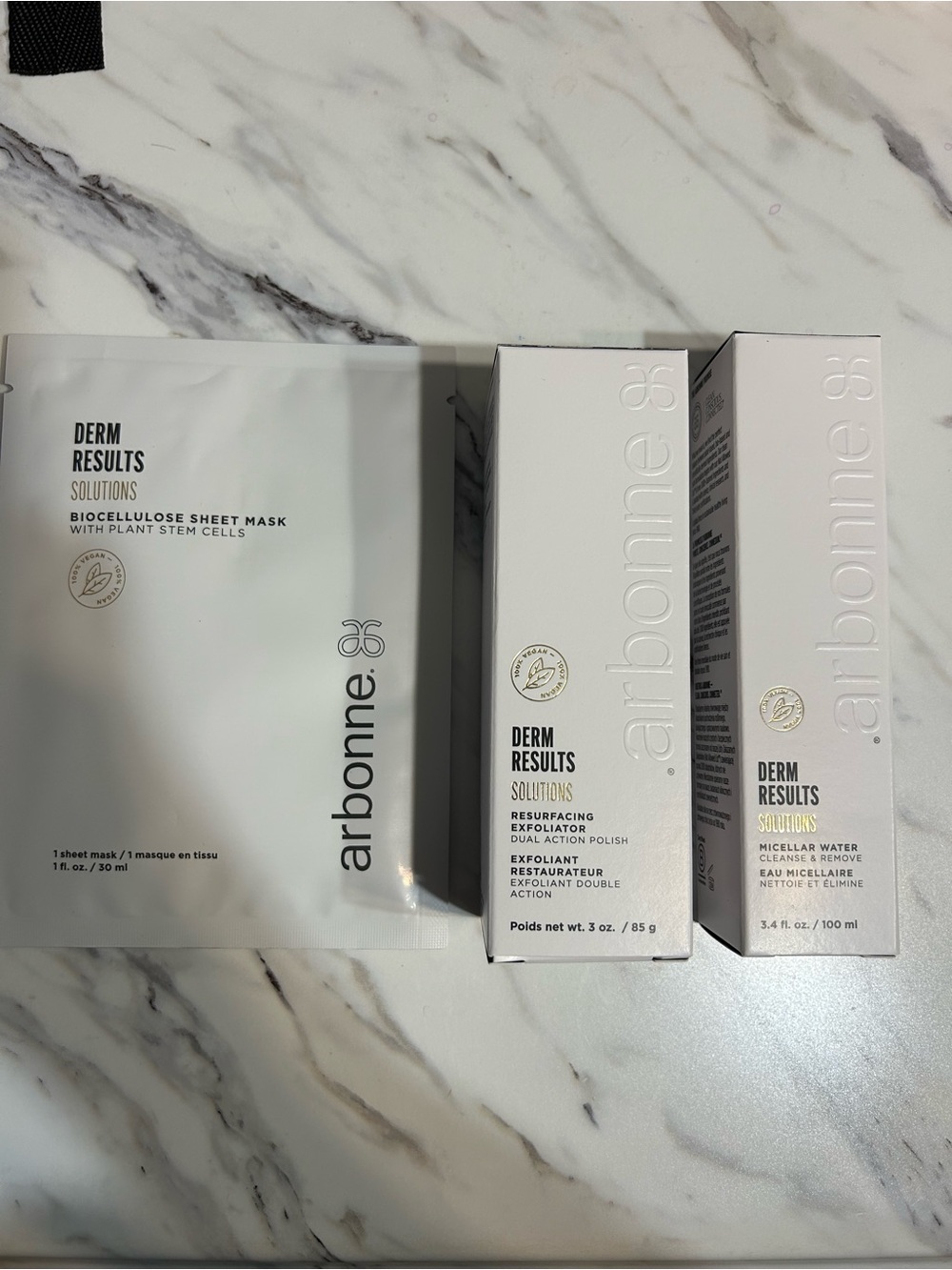 Arbonne Derm Results Resurfacing Exfoliator, micellar water, biocellulose mask